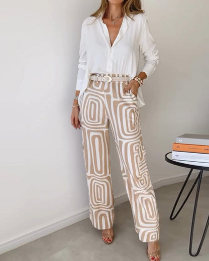 Shannon – Costume décontracté pour femme avec chemise à manches longues à col revers et pantalon à jambes larges