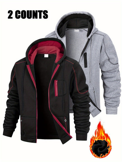 2er Pack Herren Kapuzenjacke Reißverschluss, gefüttert, Kontrastnähte