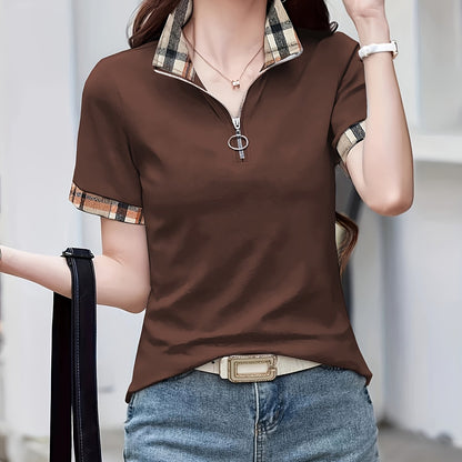 Polo casual da donna con zip e motivo a quadri – Maglia da tempo libero alla moda con collo con cerniera