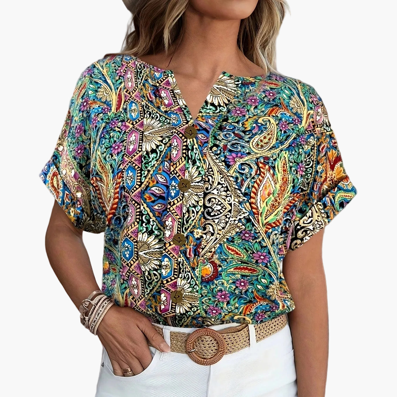 Top donna a maniche corte con abbottonatura e motivo floreale – Look estivo elegante per tutti i giorni e il tempo libero