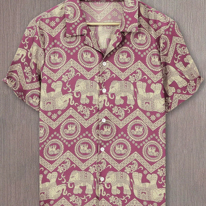 Chemise de villégiature pour homme avec imprimé éléphants et mandalas, manches courtes, chemise décontractée moderne