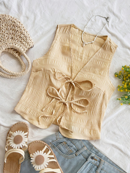 Dame ermeløs boho-vest med knytebånd og krinkeleffekt – Perfekt for fritid, strand og festivaler