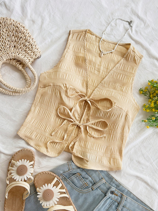 Damen ärmellose Boho-Weste mit Bindeband und Crinkle-Optik – Perfekt für Freizeit, Strand und Festivals