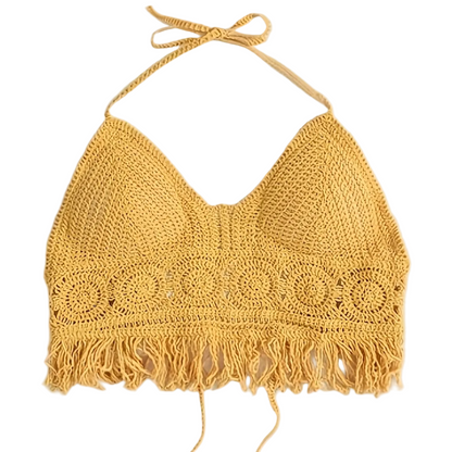 Dame Boho heklet haltertopp med frynser – moteriktig sommertopp for festivaler og strand