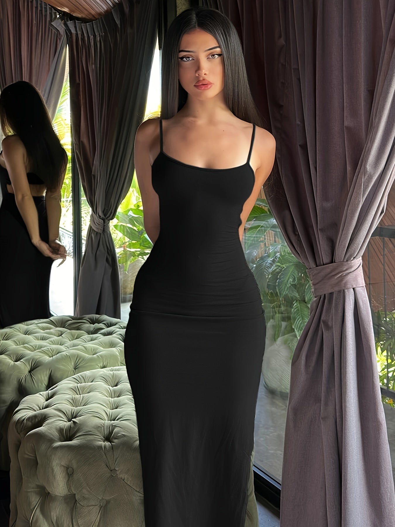 Dame Maxikjole Bodycon Elegant – Figurformet aftenkjole med spaghetti-stropper og moderne snit, ideel til fester og fester