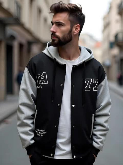 Herren Kapuzenjacke College-Stil Schwarz Grau mit "LA 77" Aufdruck