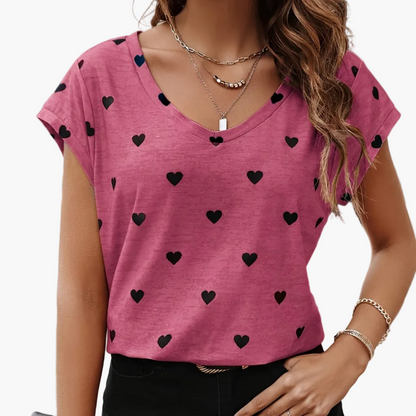T-shirt élégant pour femme à motif cœur avec col en V – mode estivale décontractée