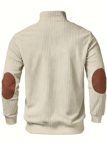 Herren Rippstrick Pullover mit Reißverschluss Stehkragen und Patches