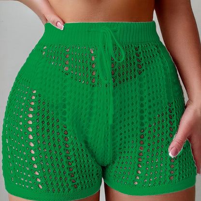 Shorts de crochet para mujer con estilo playero, cintura alta y cinturilla ajustable – Moda en malla para vacaciones, playa y piscina