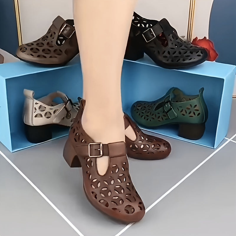 Damen Mary-Jane Blockabsatz Schuhe – Modische Alltags- und Freizeitschuhe mit Cut-Out Design