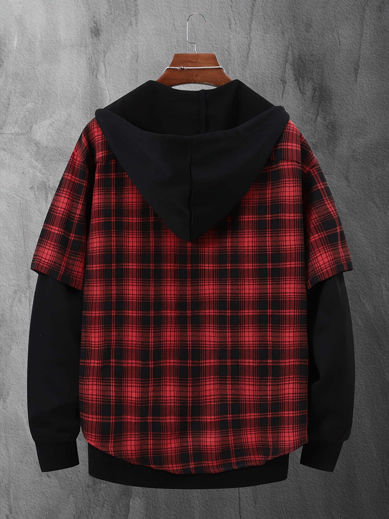 Giacca-camicia da uomo a quadri con cappuccio e maniche lunghe, rossa e nera