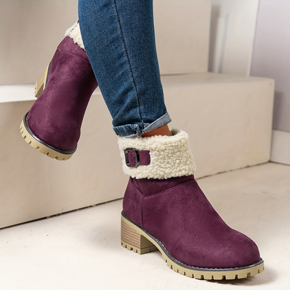 Damen Stiefeletten mit Blockabsatz, Plüschrand und Schnalle, Braun