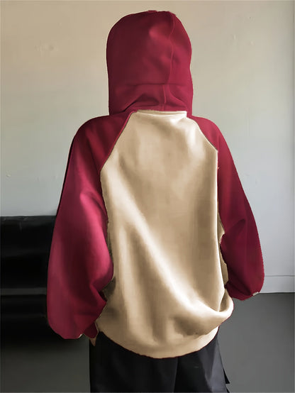 Kapuzenjacke Damen Reißverschluss Zweifarbig Rot Apricot Streifen Oversize
