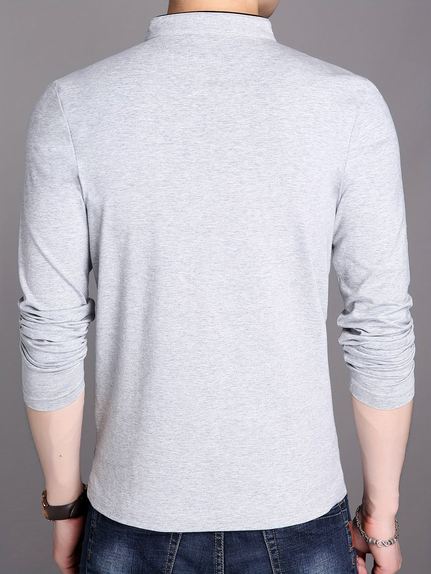 Herren Langarm Poloshirt Stehkragen Henley Stil