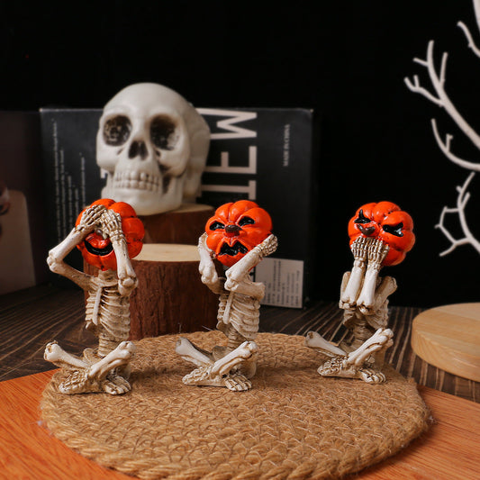 Halloween Dekorationsfigurer Pumpa Skelett-set – 3-delar – Rolig skräckdekoration för fest & hem