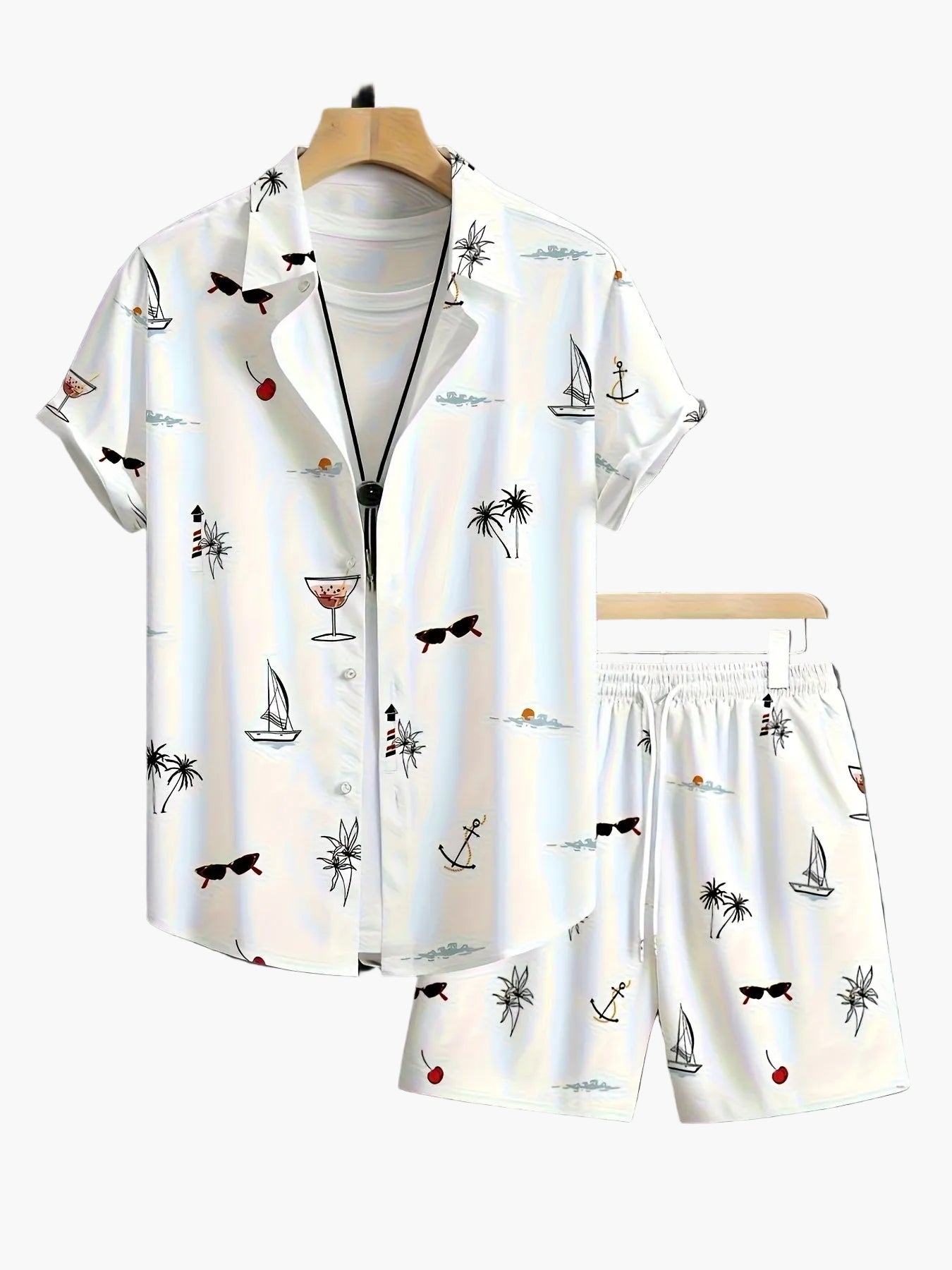 Set estivo uomo casual – Camicia a maniche corte e pantaloncini con stampa marina, ideale per vacanze e tempo libero