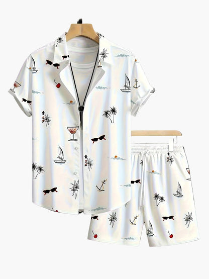 Set estivo uomo casual – Camicia a maniche corte e pantaloncini con stampa marina, ideale per vacanze e tempo libero