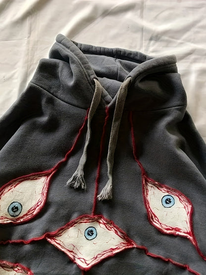 Felpa con cappuccio, taglio oversize e motivo occhi, grigio scuro