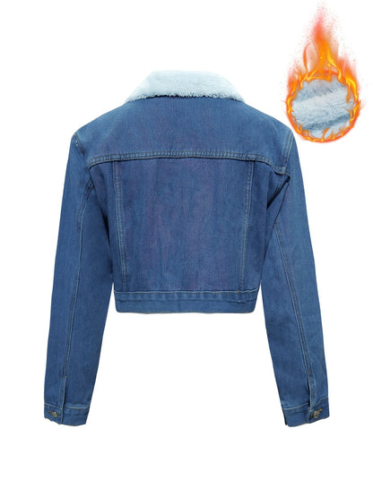 Chaqueta vaquera corta azul con forro afelpado para mujer