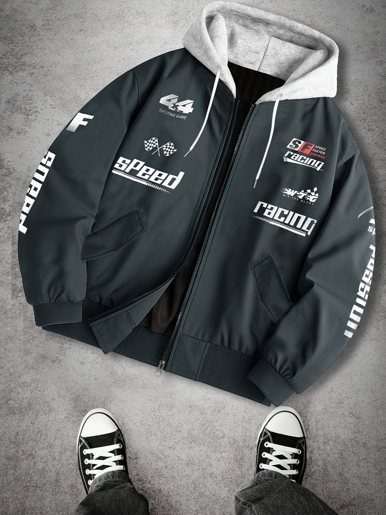 Herren Bomberjacke mit Kapuze Racing Aufdruck Sportlich Freizeit