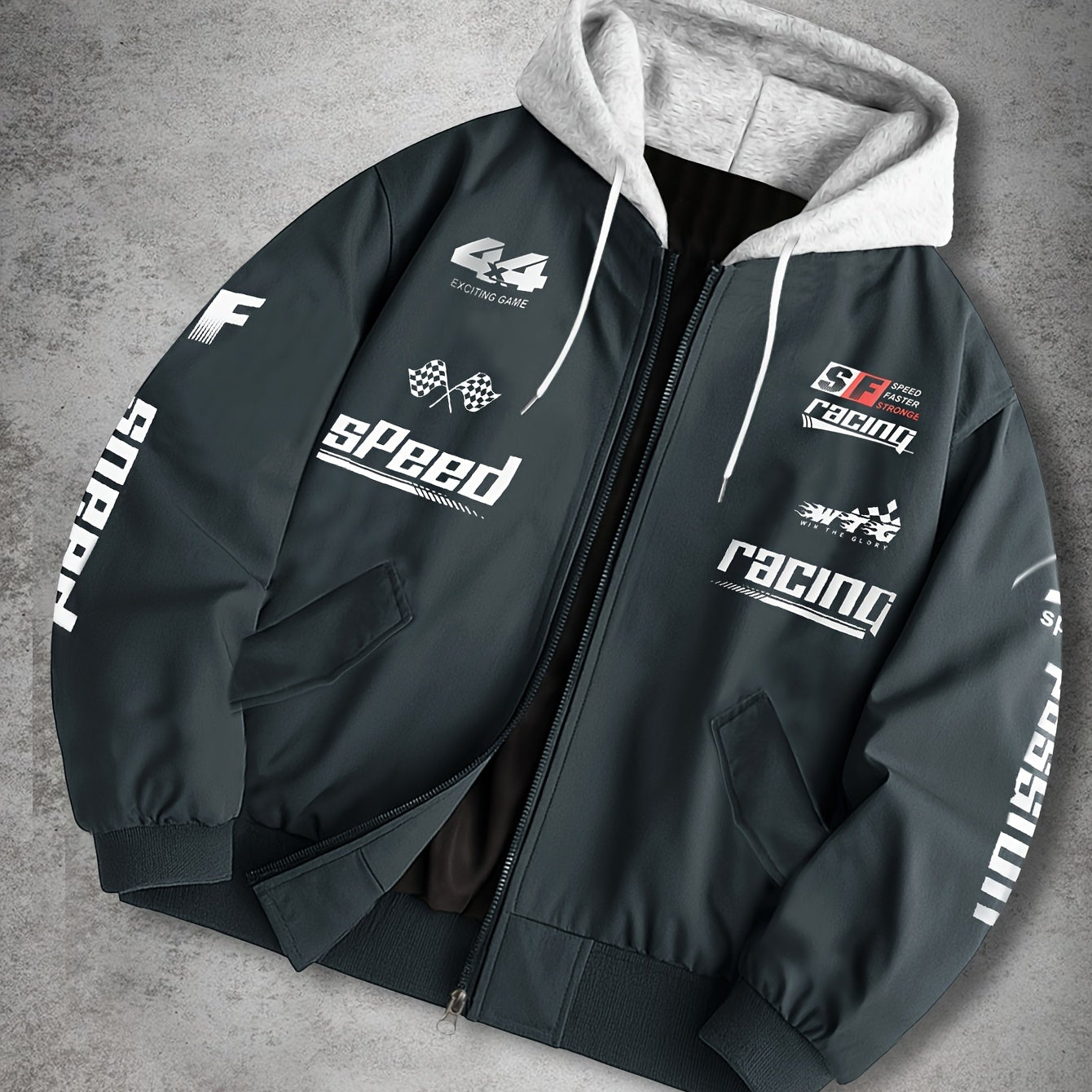 Herren Bomberjacke mit Kapuze Racing Aufdruck Sportlich Freizeit