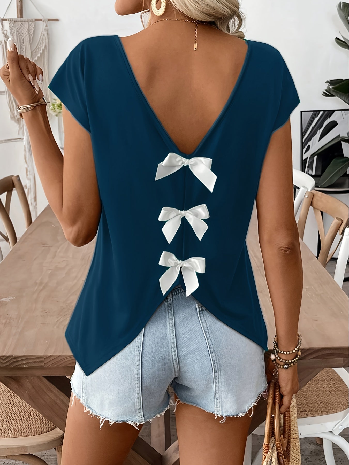 Damen Sommer Top mit Rückenausschnitt und Schleifen, modisches Freizeitshirt für Frühling und Sommer