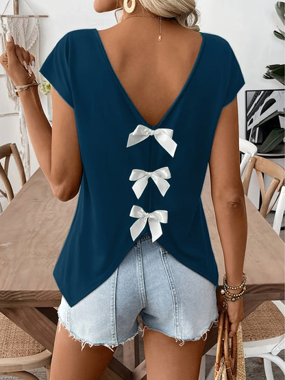 Damen Sommer Top mit Rückenausschnitt und Schleifen, modisches Freizeitshirt für Frühling und Sommer