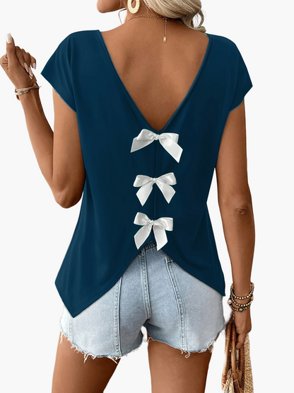 Damen Sommer Top mit Rückenausschnitt und Schleifen, modisches Freizeitshirt für Frühling und Sommer
