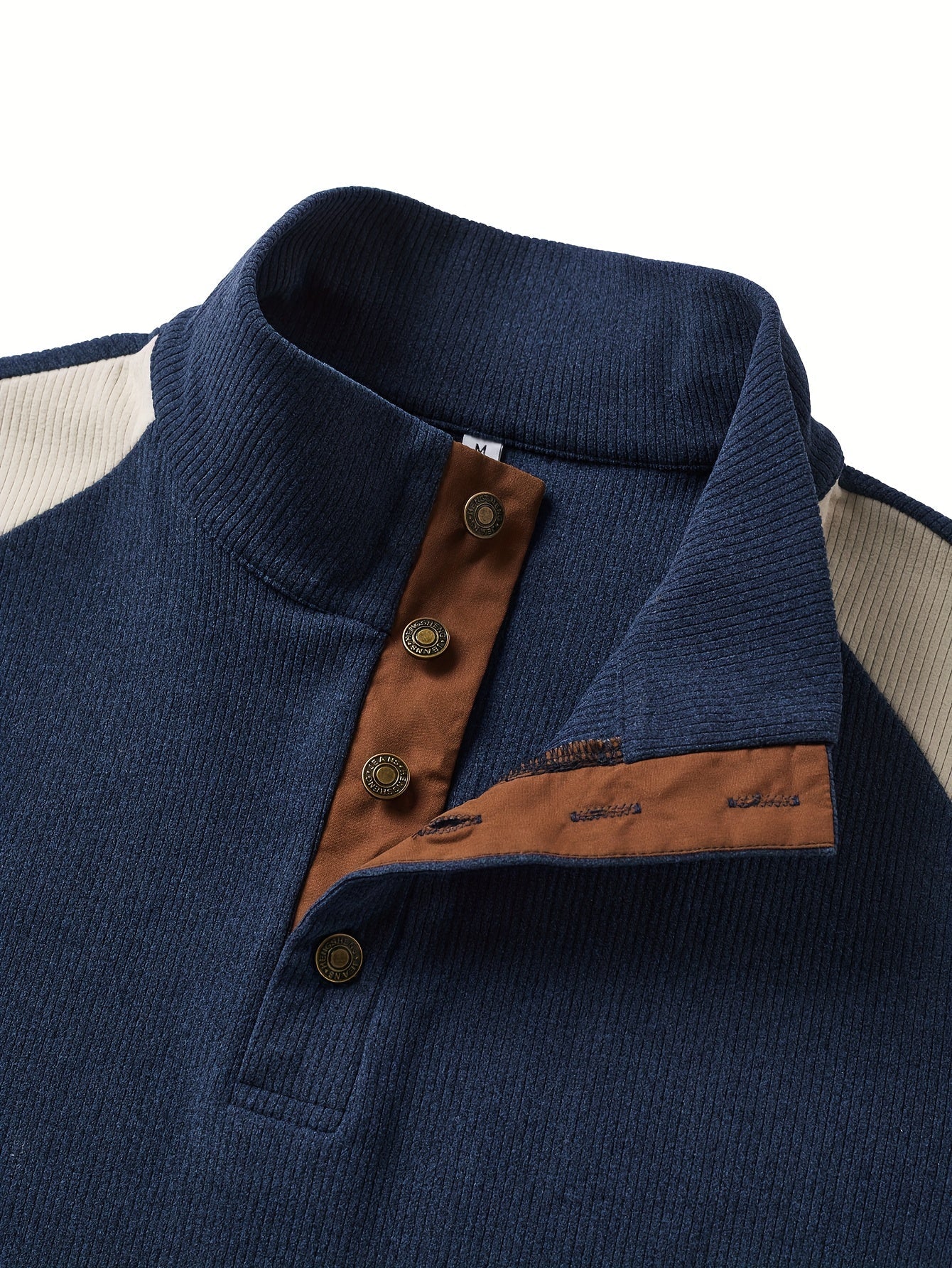 Jersey de punto para hombre azul y beige con cuello alto y parches en los codos
