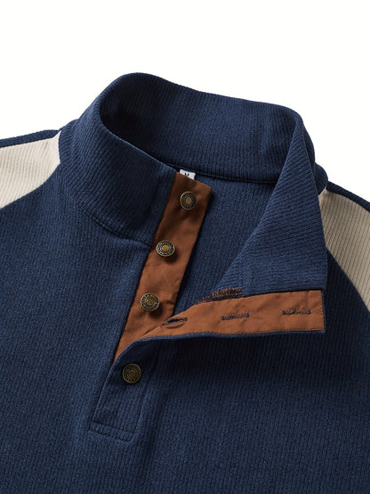 Jersey de punto para hombre azul y beige con cuello alto y parches en los codos