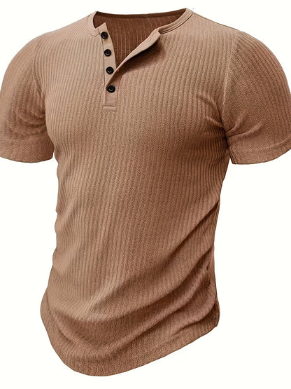 Męska koszulka Henley z krótkim rękawem, prążkowana, letni styl casual