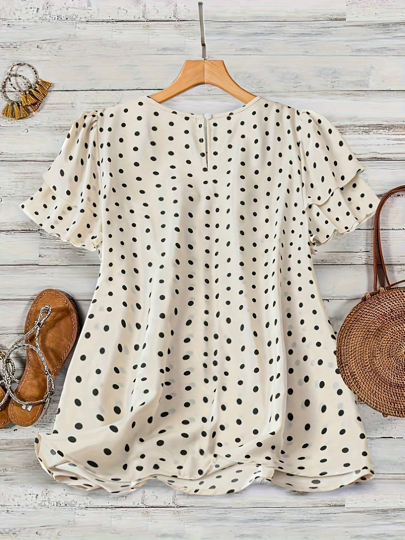 Damska bluzka elegancka w kropki z marszczeniem, krótki rękaw, letnia moda casualowa