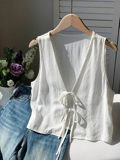 Gilet sans manches pour femme avec détail nœud et encolure en V – couche d'été à la mode pour les loisirs et les vacances