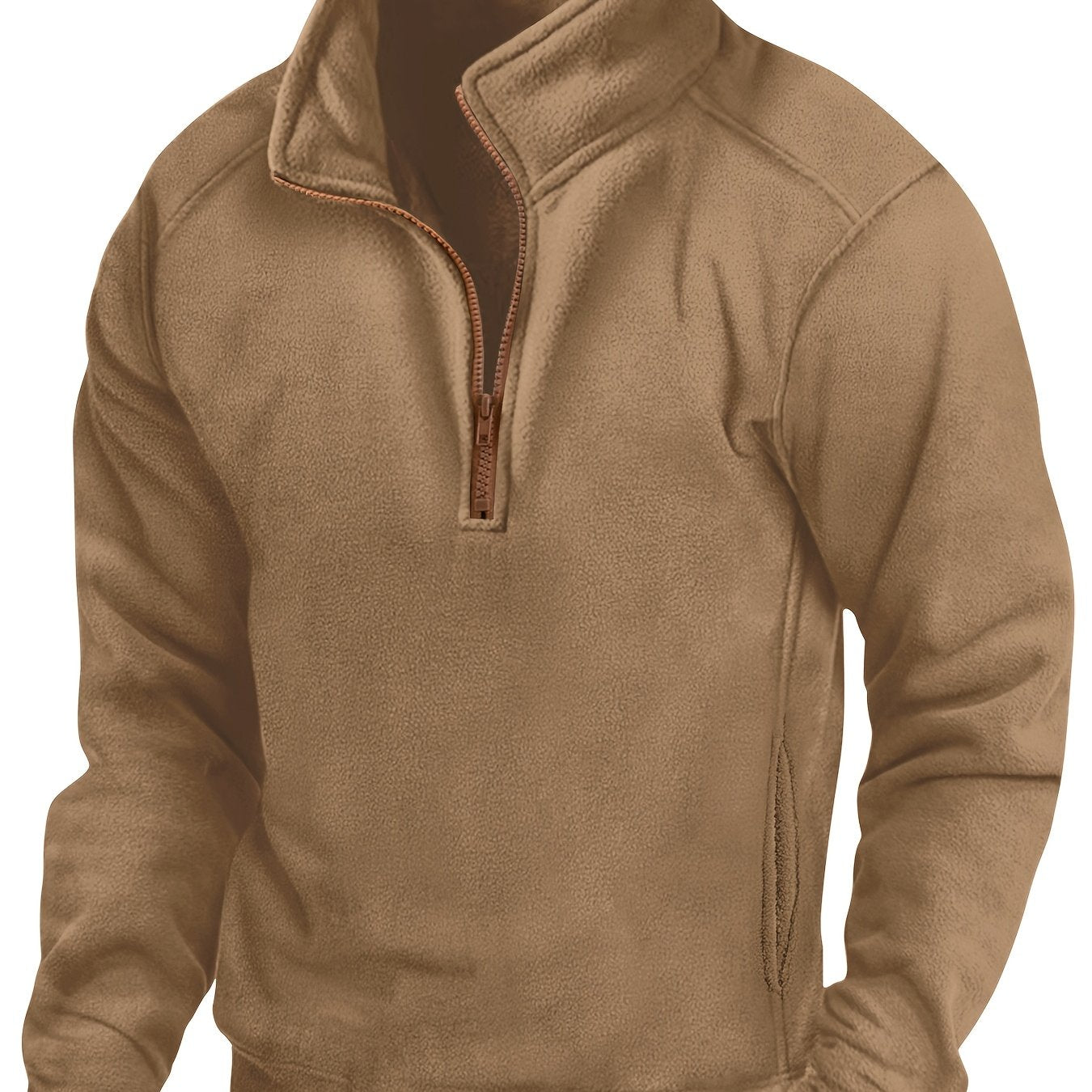 Fleece-pullover til mænd med ståkrave, halv lynlås, lange ærmer og lomme
