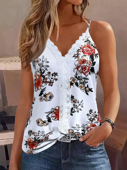 Top spaghetti pour femme avec motif floral et dentelle – Blouse d'été décontractée et sexy