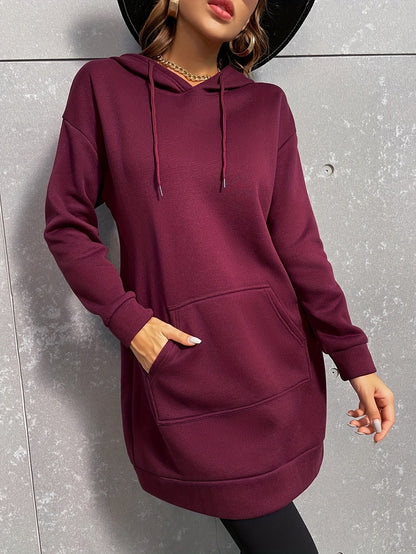 Damen Hoodie-Kleid Schwarz Langarm Kapuzenpullover Tunika Kängurutasche