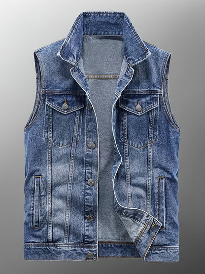 Jeans Weste Herren Denim Ärmellose Jacke Blau Knopfverschluss