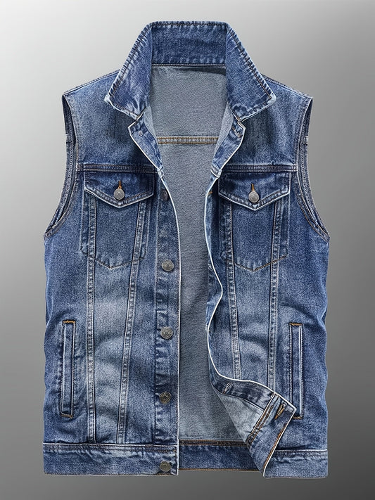 Jeans Weste Herren Denim Ärmellose Jacke Blau Knopfverschluss