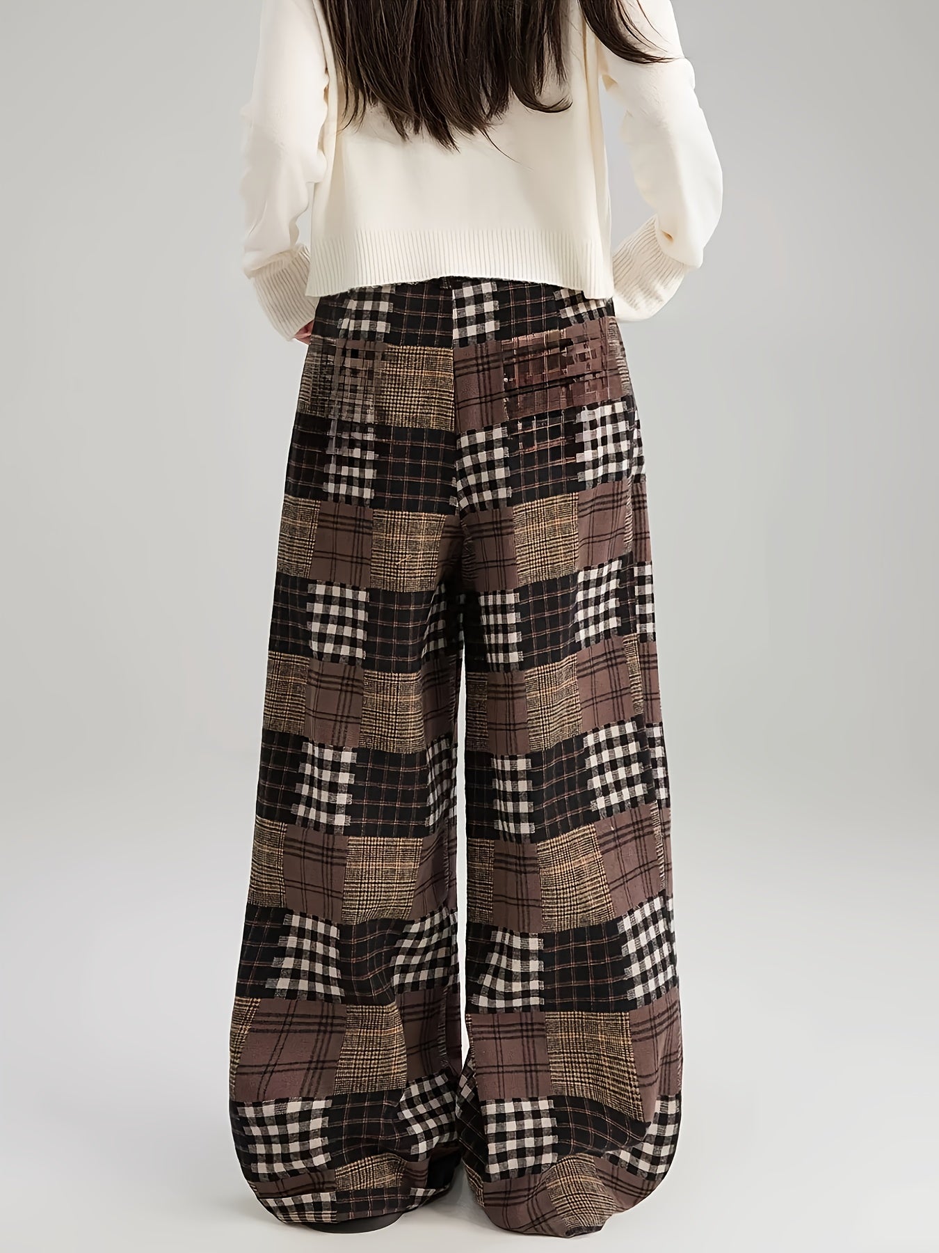 Pantalones de patchwork con estampado de cuadros, pierna ancha, marrón y negro