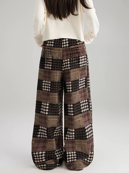 Pantalones de patchwork con estampado de cuadros, pierna ancha, marrón y negro