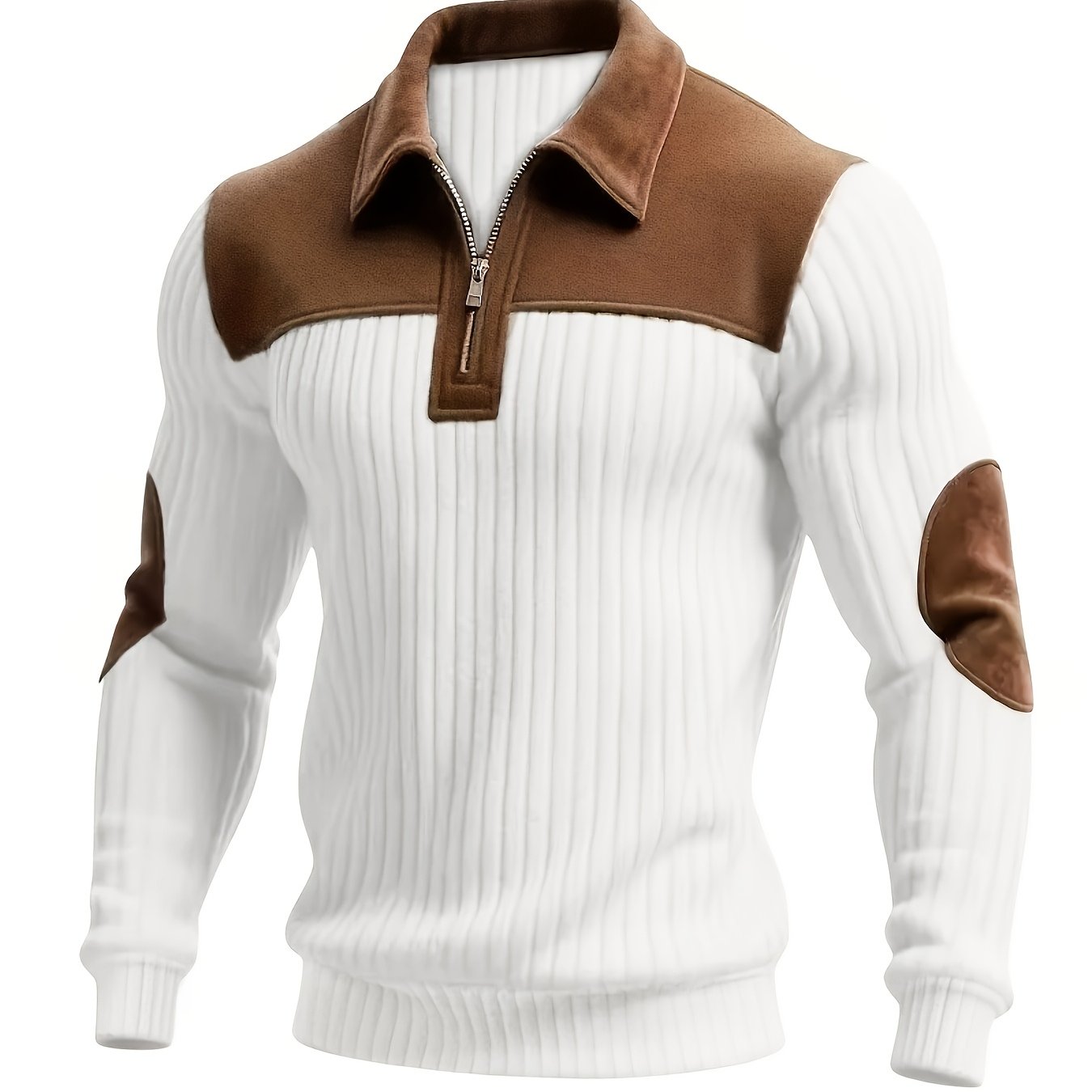 Herren Rippstrick Pullover mit Kragen, Reißverschluss und Patches