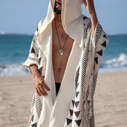 Męski boho plażowy poncho z kapturem i geometrycznym wzorem – idealny na plażę, festiwal i czas wolny