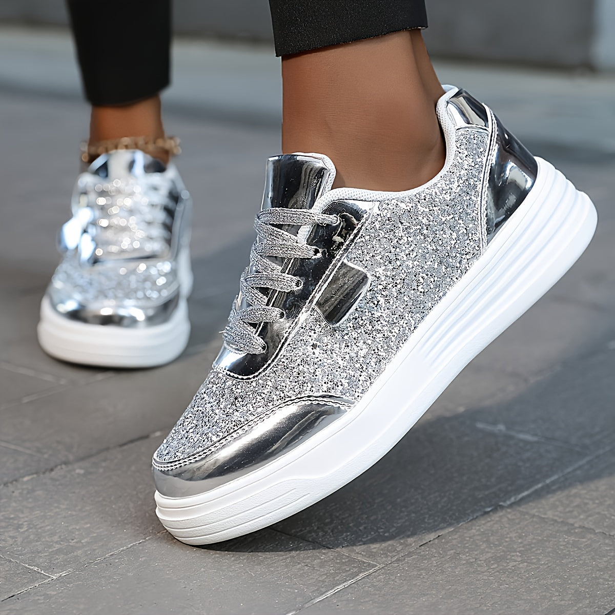 Dame Sneakers med Glimmer Plateau Fritid Trendy Sporty
