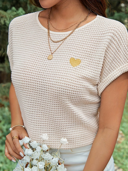 Damen Sommer Strickshirt mit Herz-Detail, Eleganter Freizeit-Look, Kurzarm Oberteil