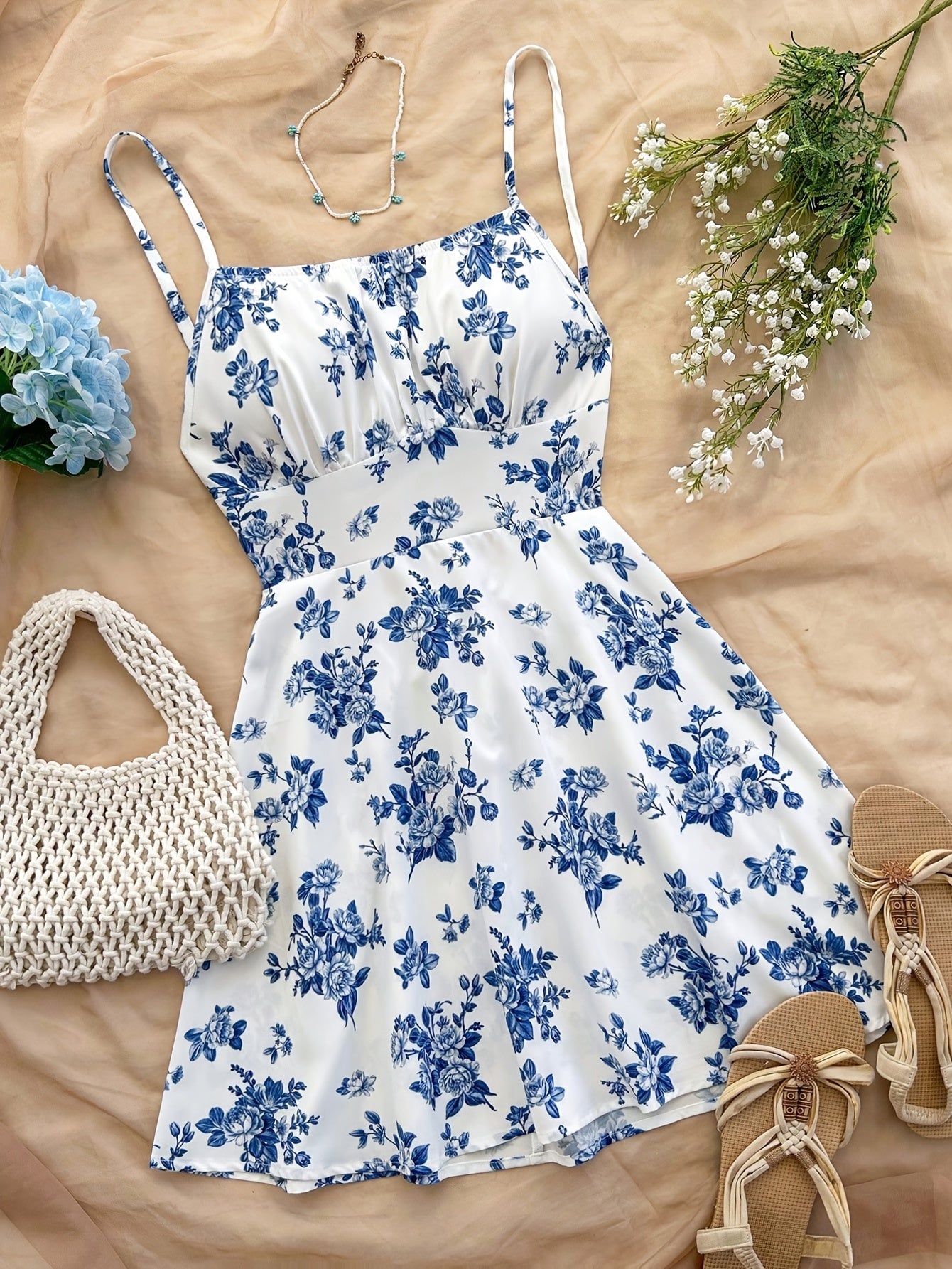 Dame sommerkjole elegant med blomsterprint og spaghetti-stropper – Perfekt for fritid og spesielle anledninger