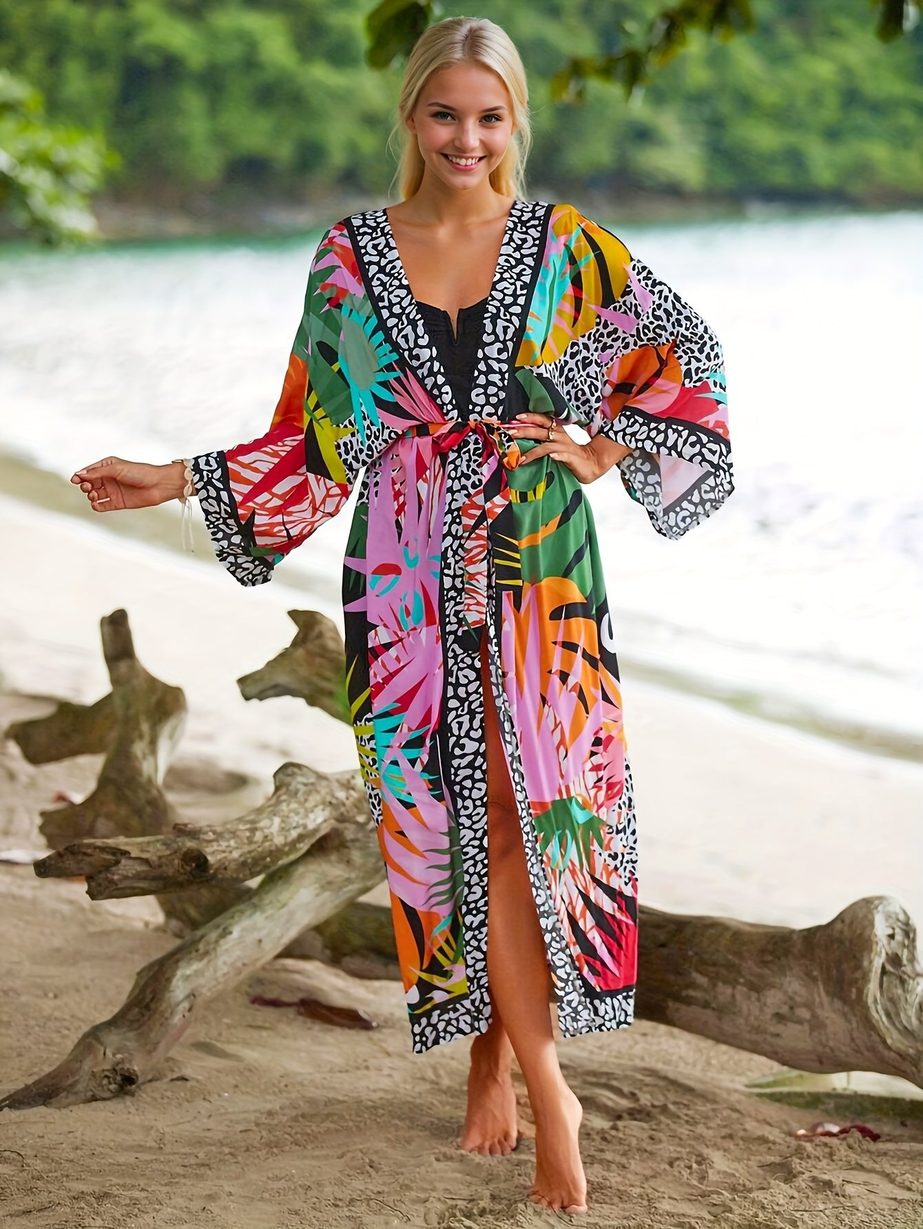 Dame strandkimono lang med tropisk mønster og dyreprint – Perfekt for ferie og resort