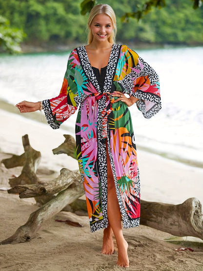 Dame strandkimono lang med tropisk mønster og dyreprint – Perfekt for ferie og resort