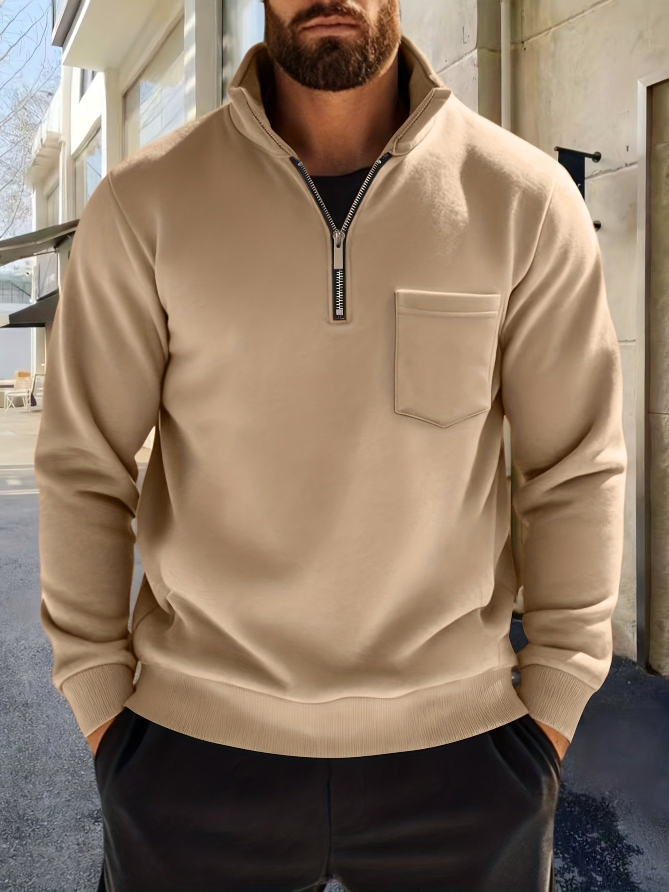 Heren-sweatshirt met halve ritssluiting, opstaande kraag en borstzak, donkergrijs