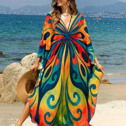 Dame Boho Maxi-kaftan til strand og ferie – Elegant batikprint, sommer cover-up