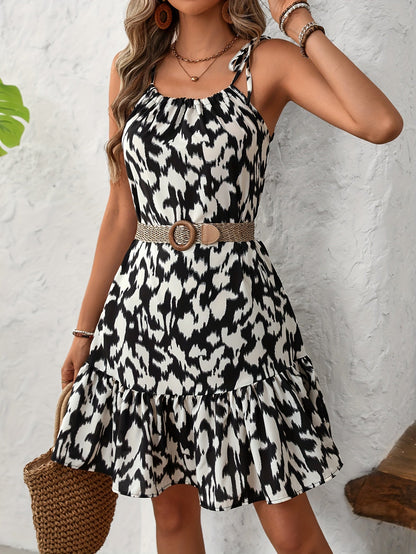 Robe d'été pour femme avec imprimé abstrait et bretelles à nouer – Robe décontractée ample avec ourlet volanté